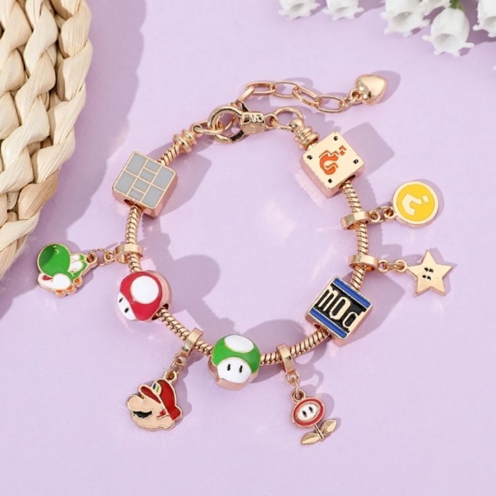 Gold Plated Super Mario Bros Nintendo Themed Charm Bracelet